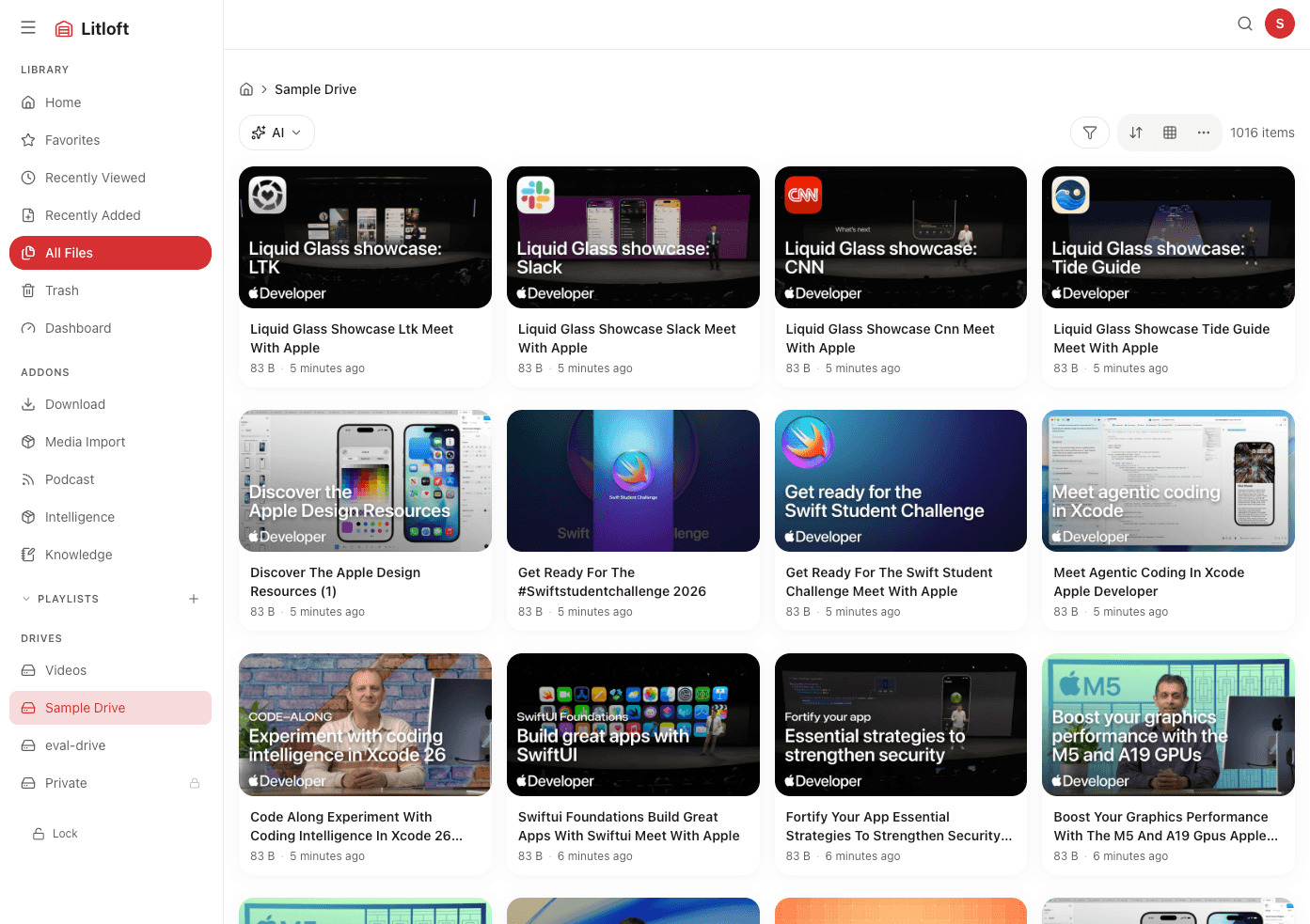 Litloft All Files view showing video library with thumbnails