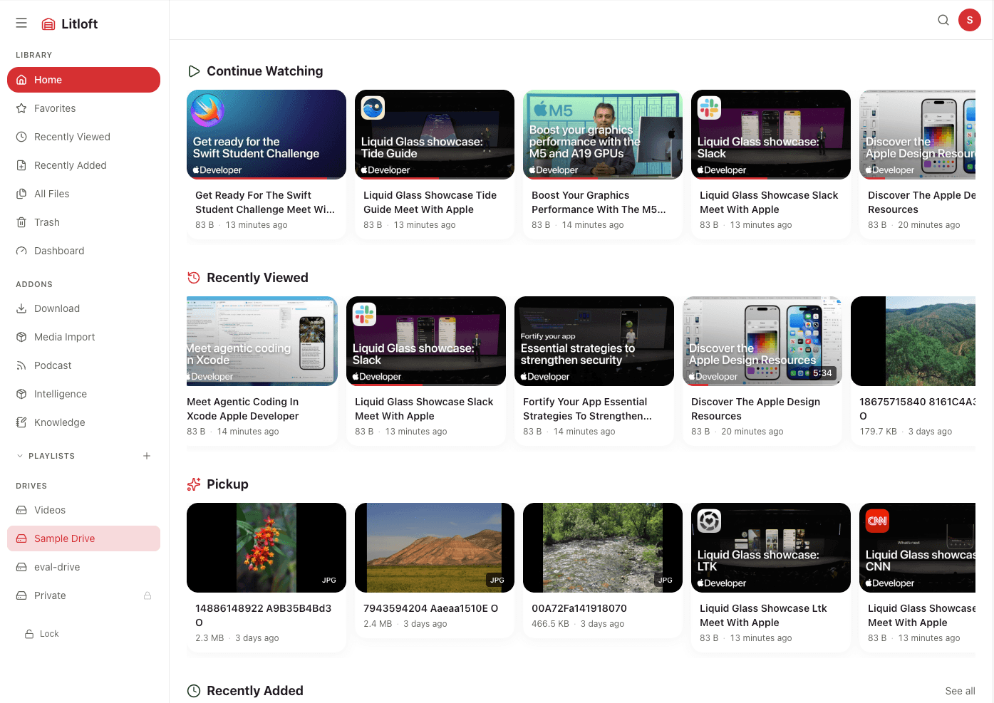 Litloft home screen showing Continue Watching and Recently Added
